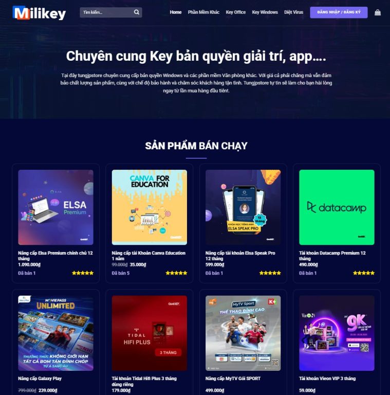 Giao diện theme WordPress bán tài khoản, key phần mềm và bản quyền số chuyên nghiệp.